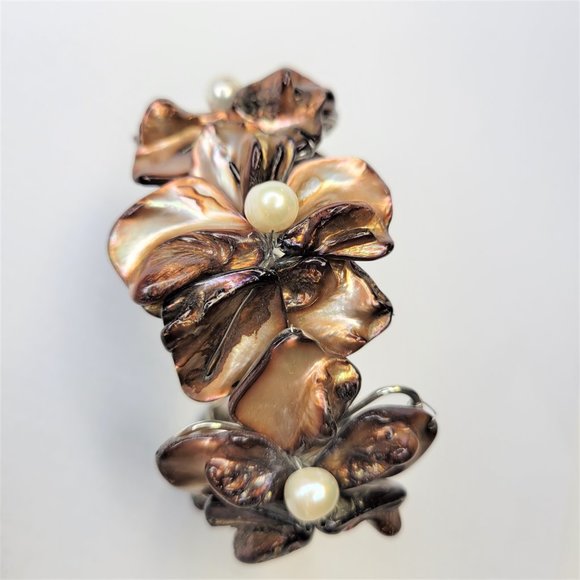Dark Brown Cuff Bracelet with Pearls and Dyed Mother Of Pearl Shell Bangle -NEW - Picture 2 of 15
